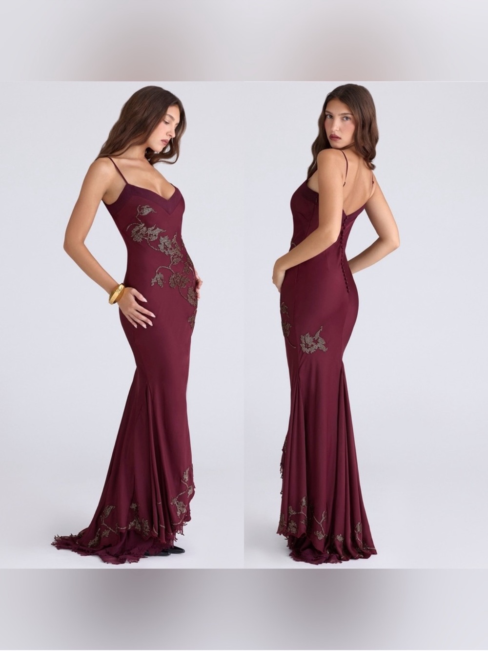 House of CB Anastelle Plum Hand Beaded Embellished Satin Maxi Dress size L - Picture 7 of 12